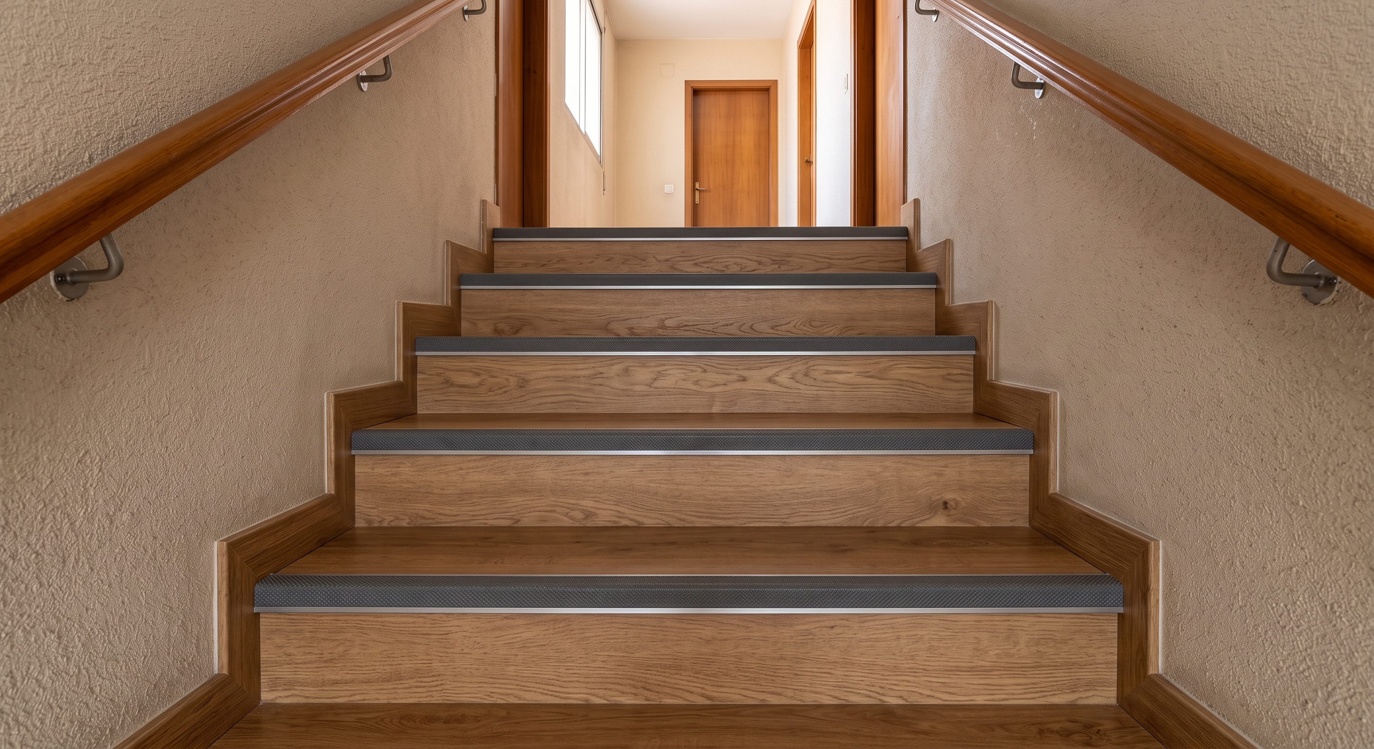 La misma escalera forrada en PVC con acabado madera