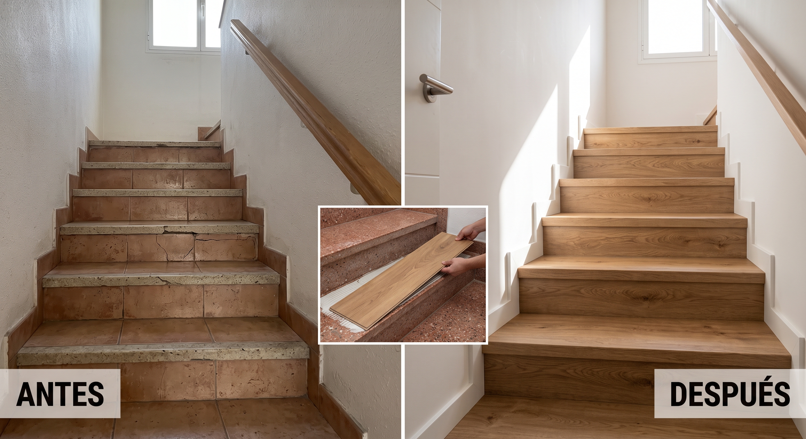 Escalera forrada en madera con mamperlán y peldaños a medida