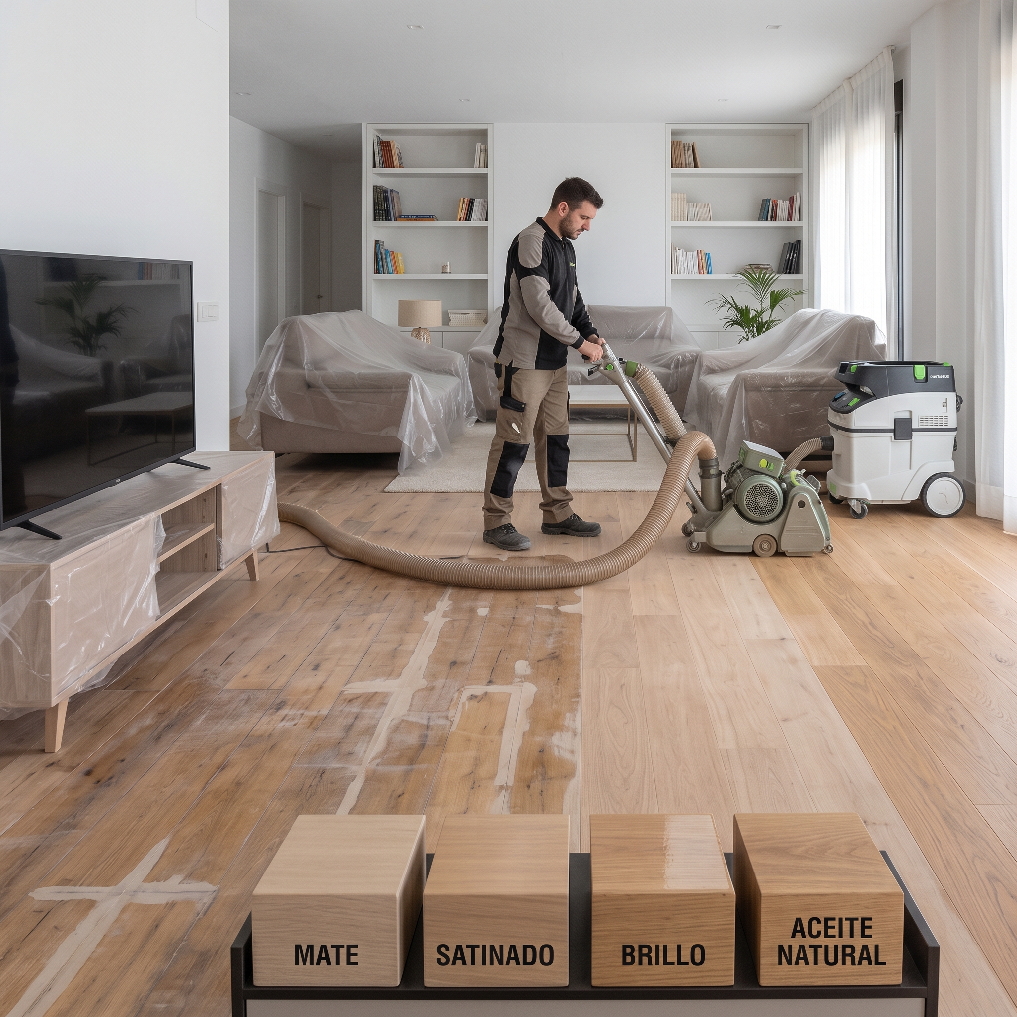 Suelo de madera tras el acuchillado y barnizado