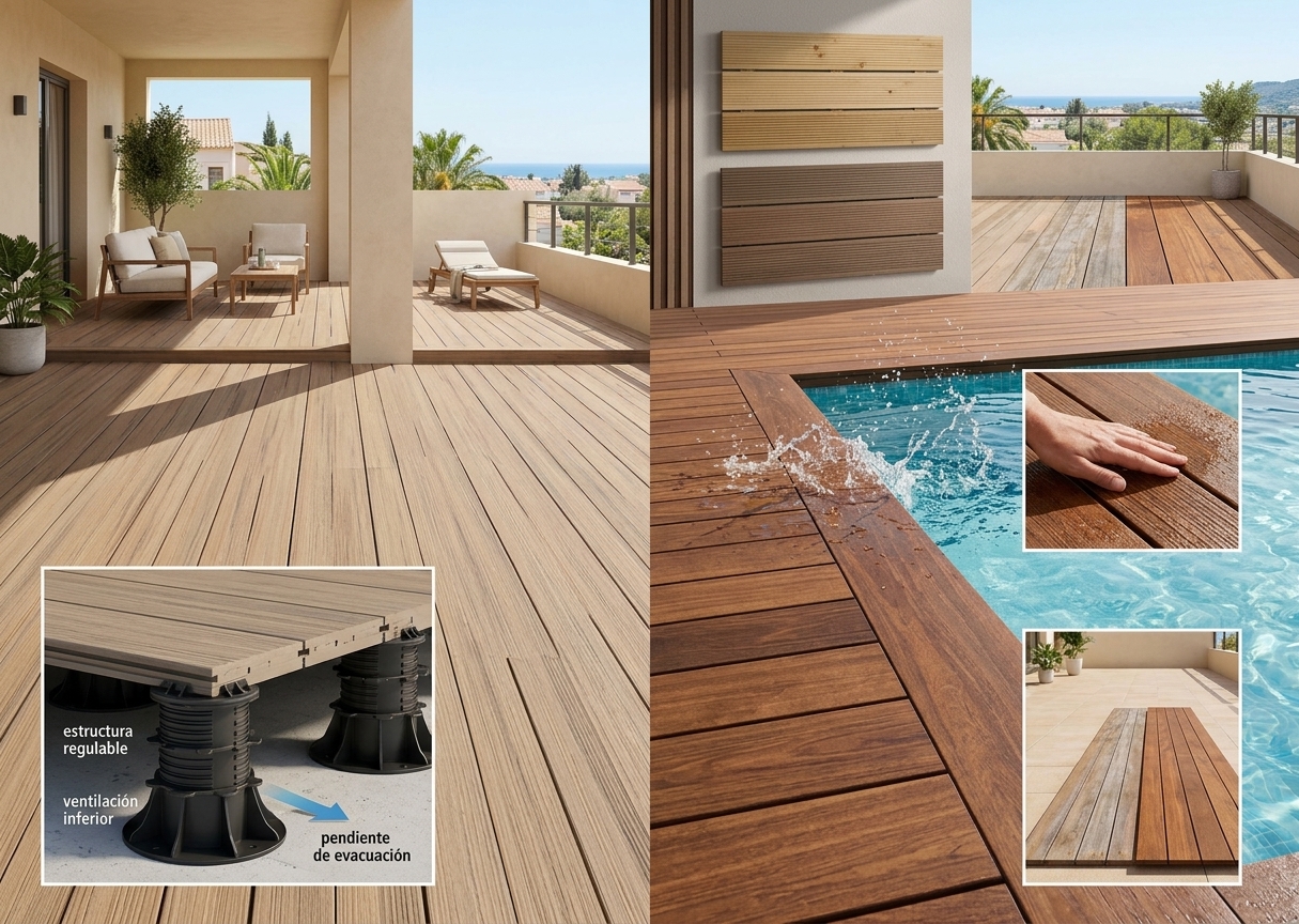 Tarima de madera instalada en terraza exterior